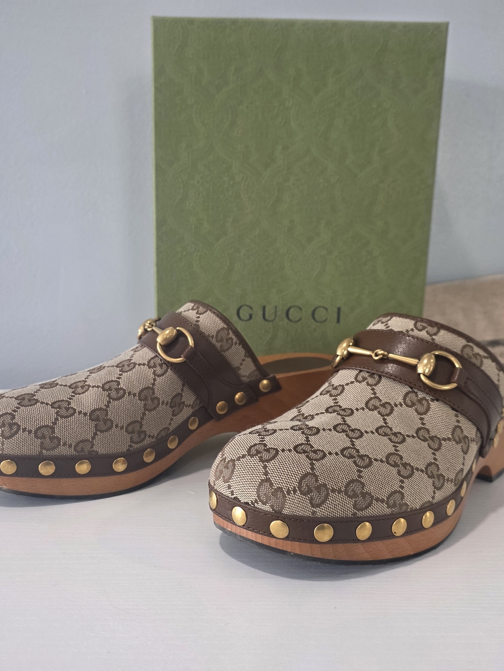 Gucci Beige & Brown GG Canvas Studded Clog - Picture 3 of 16
